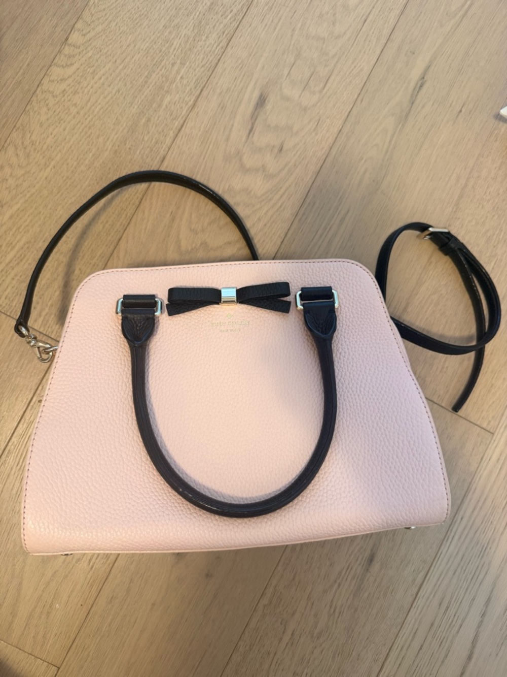 kate spade Pink Pebbled Leather Bow Satchel with Black Trim